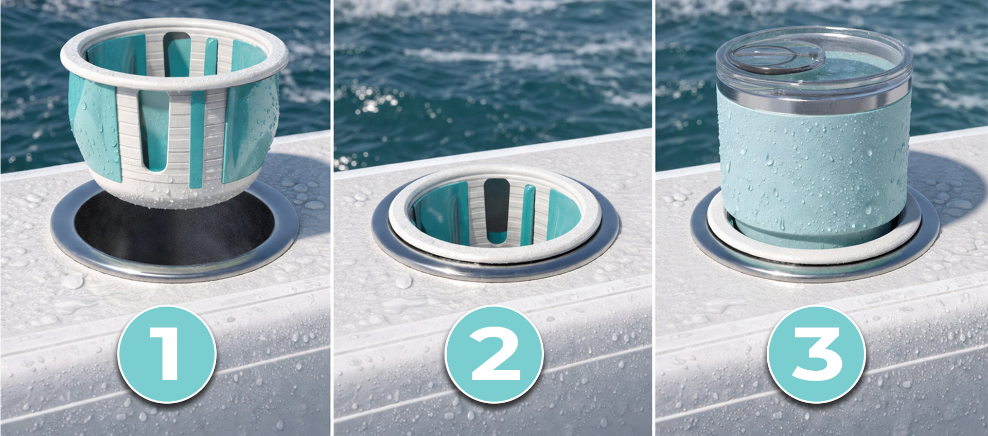 Step-by-step showing a boat cup holder insert being placed into a marine cup holder and securing a drink in rough water