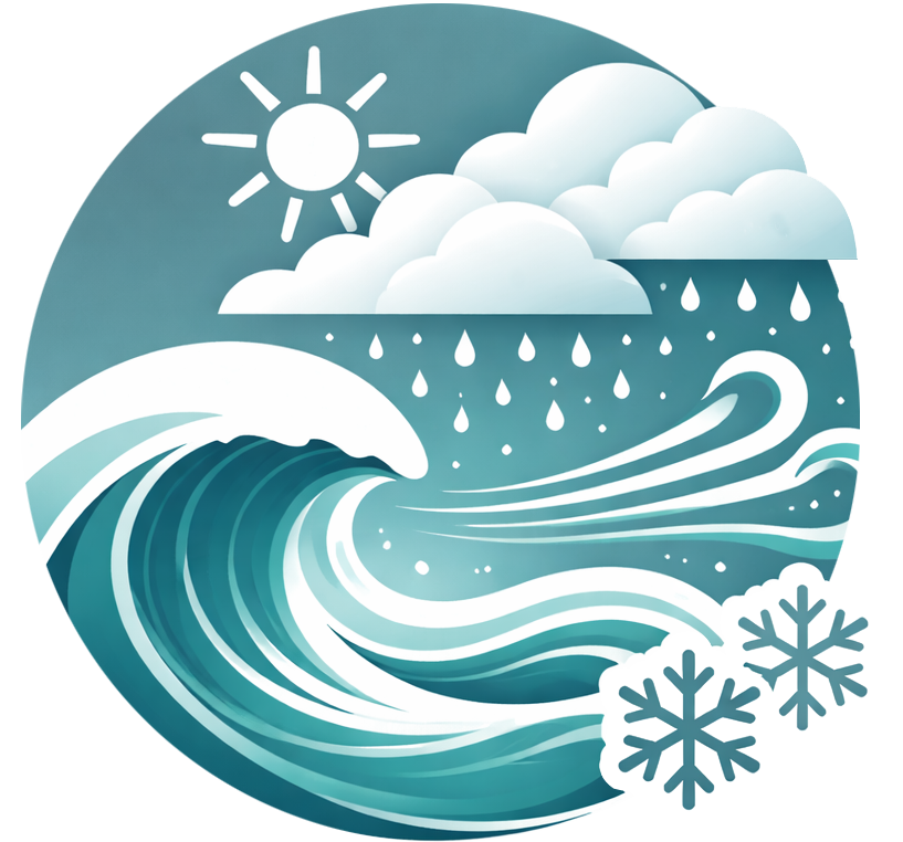 Marine ready icon showing waves, sun, rain and snow representing durability in harsh boating conditions