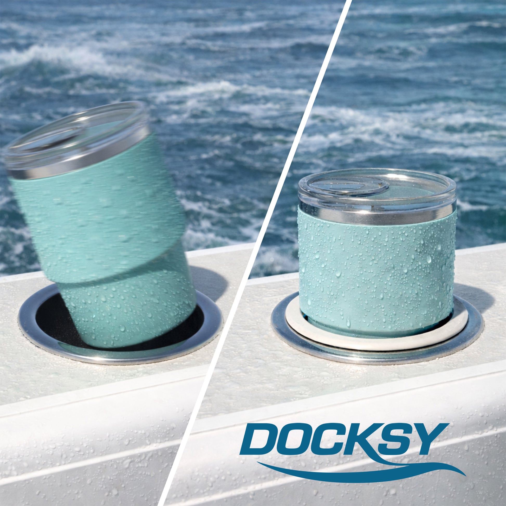 Drink falling out of a boat cup holder in rough water compared to a cup securely held in place using a cup holder insert